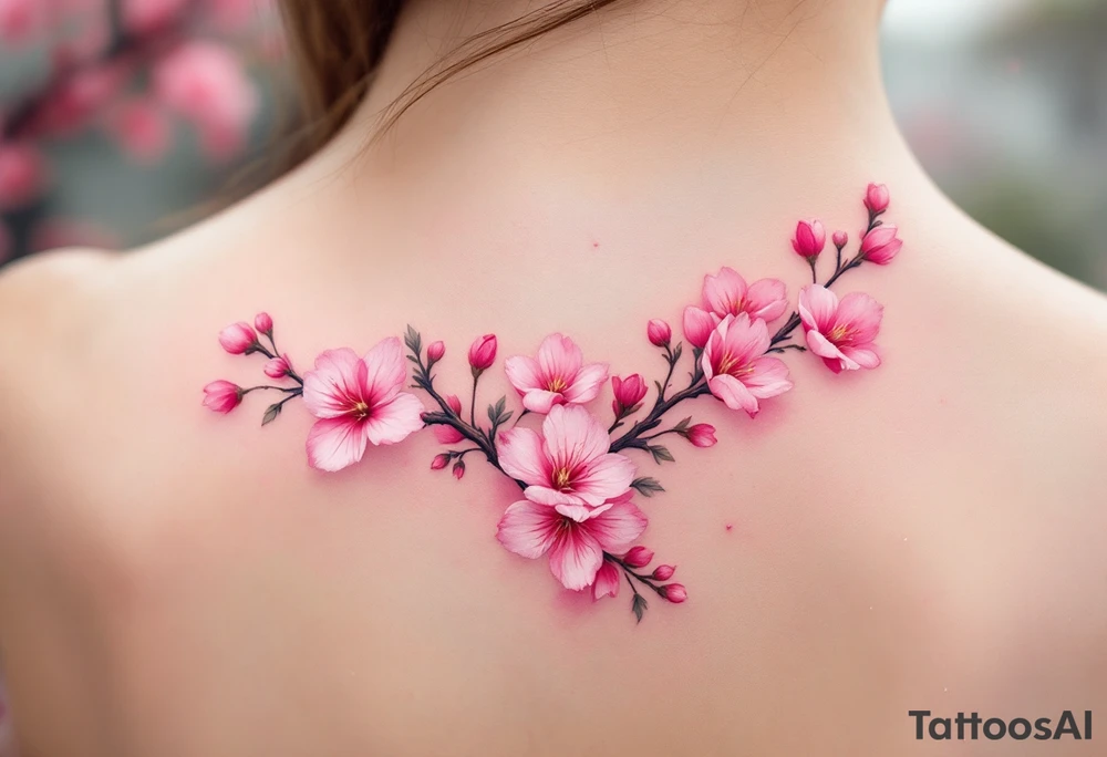 A pink cherry blossom branch gently falling across the skin, symbolizing the fleeting nature of life. tattoo idea