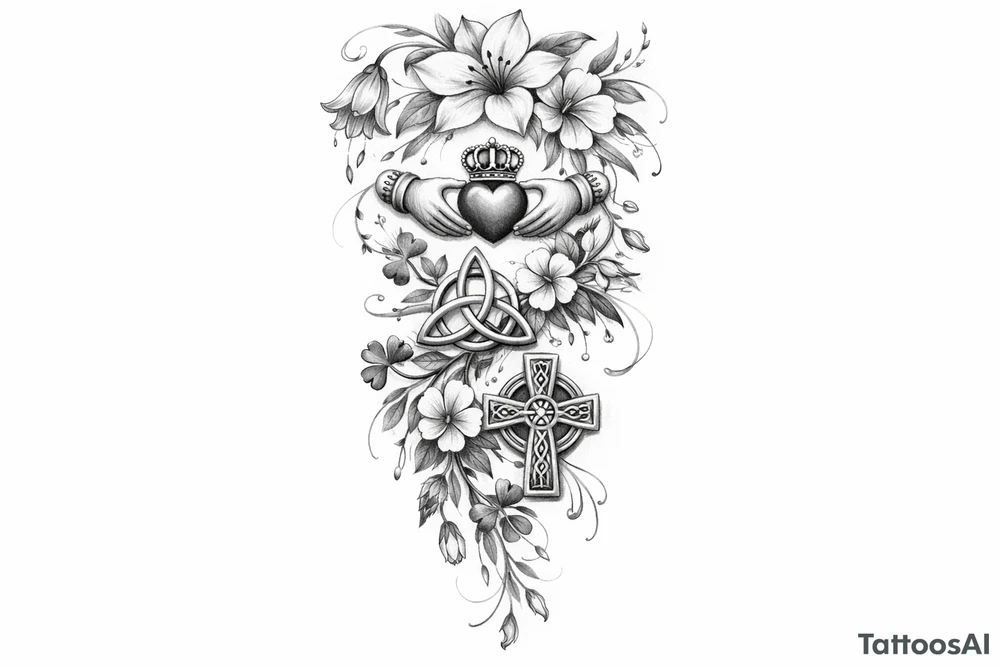 Cascading simple Irish flowers with Irish symbols tattoo idea