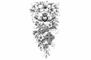 Cascading simple Irish flowers with Irish symbols tattoo idea