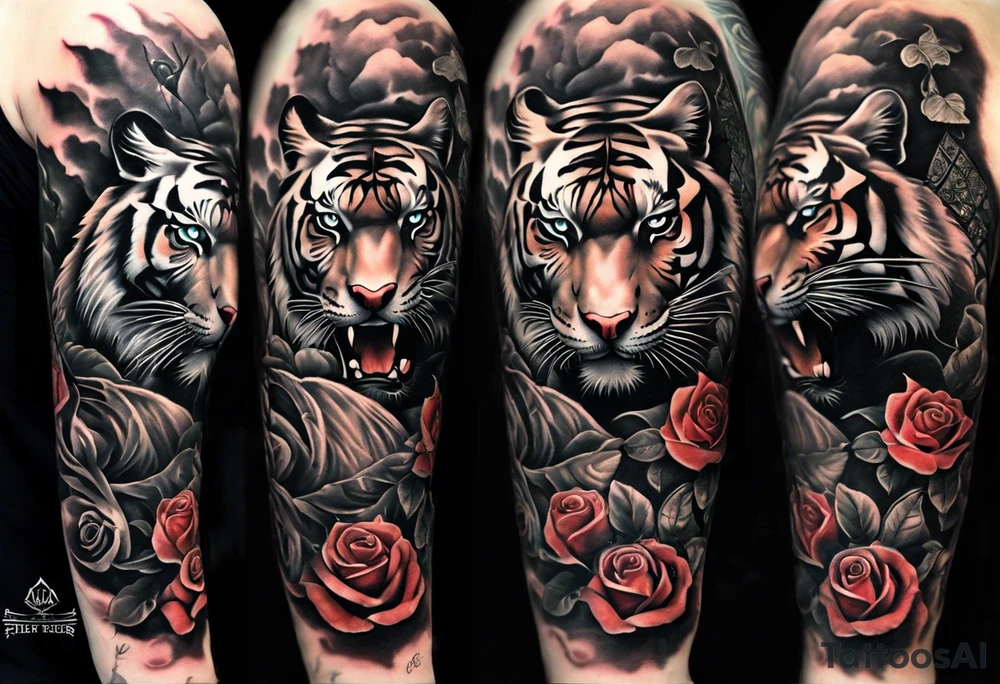 A full sleeve tiger with a crown and third eye with a hour glass instead the hour glass brain cover in in clouds and a heart cover in grass and roots with roses and smoke all over the arm tattoo idea