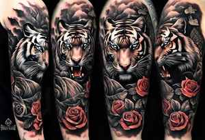 A full sleeve tiger with a crown and third eye with a hour glass instead the hour glass brain cover in in clouds and a heart cover in grass and roots with roses and smoke all over the arm tattoo idea