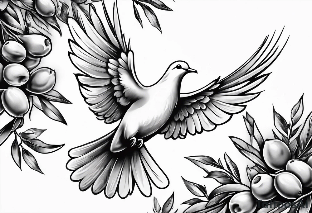 Dove soring through the air clasping an olive branch in its beak. tattoo idea