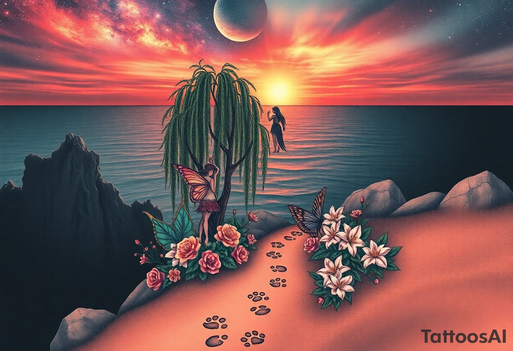 Sunset galaxy. Rocky Dark Ocean.  fairies, siren, dragons  weeping willow garden with roses and lilies flower beds,,  cat paw prints path in dirt. tattoo idea