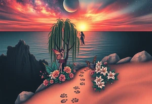 Sunset galaxy. Rocky Dark Ocean.  fairies, siren, dragons  weeping willow garden with roses and lilies flower beds,,  cat paw prints path in dirt. tattoo idea