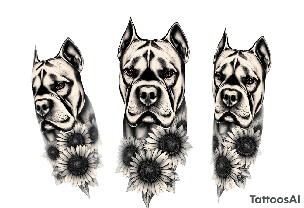 Multiple very thick muscled up pitbulls' portraits fading into the background as filler incorporate sunflowers, an old road made from pavers tattoo idea