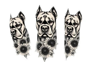 Multiple very thick muscled up pitbulls' portraits fading into the background as filler incorporate sunflowers, an old road made from pavers tattoo idea