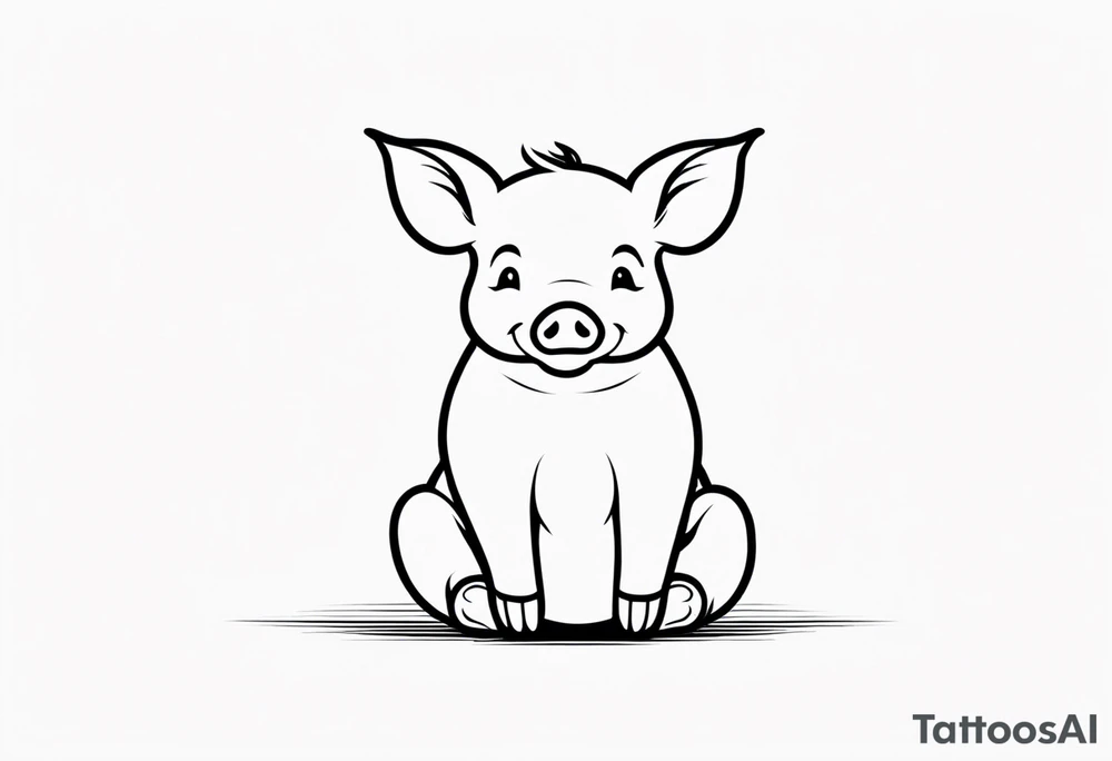 cute piglet sitting on bum. thin lines minimal shading, black and white only, text 'friends not food', white background tattoo idea