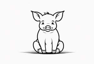 cute piglet sitting on bum. thin lines minimal shading, black and white only, text 'friends not food', white background tattoo idea
