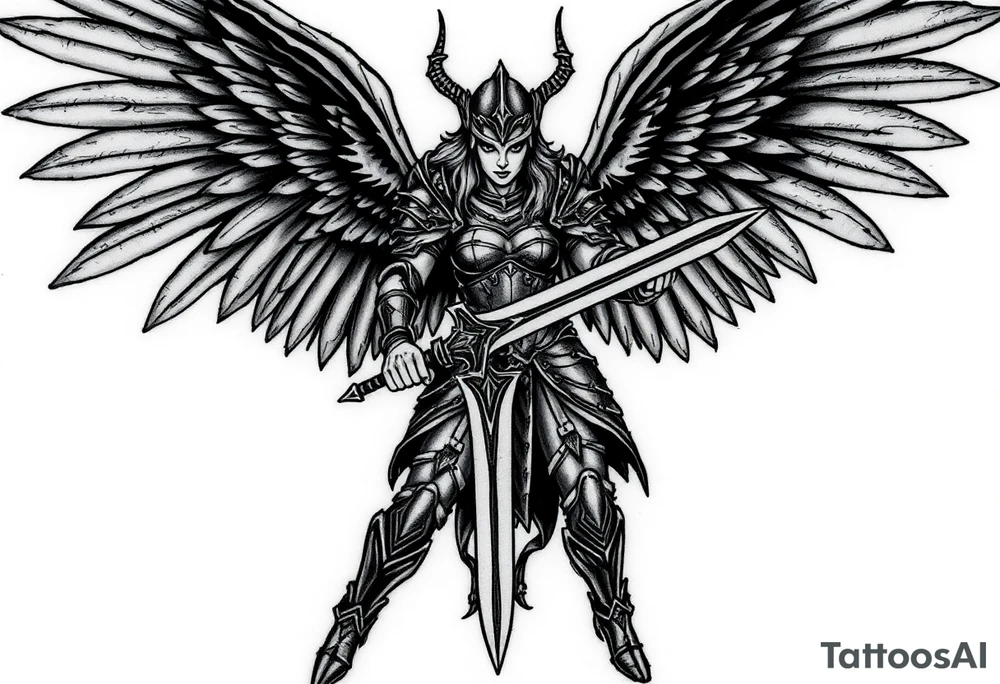 A fierce looking Valkyrie with very big dark wings. The whole body with legs should be visible. 
She's wielding a intricatelly decorated sword and a sturdy

She has heavy armor and a helmet with 
Wings tattoo idea