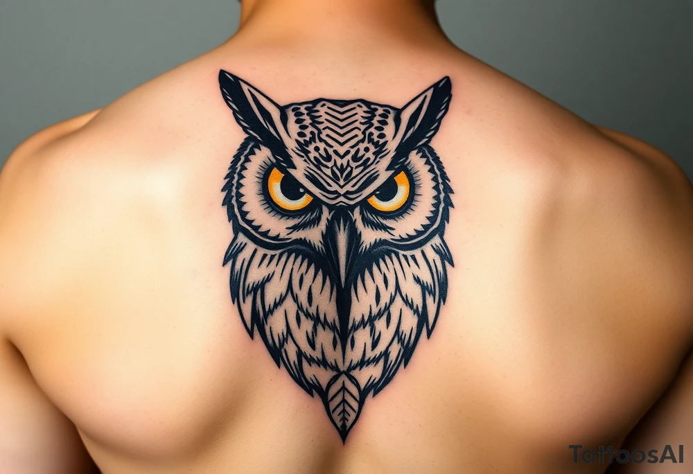 Abstract large colored tripping eye owl with less feathers by chin tattoo idea