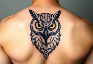 Abstract large colored tripping eye owl with less feathers by chin tattoo idea