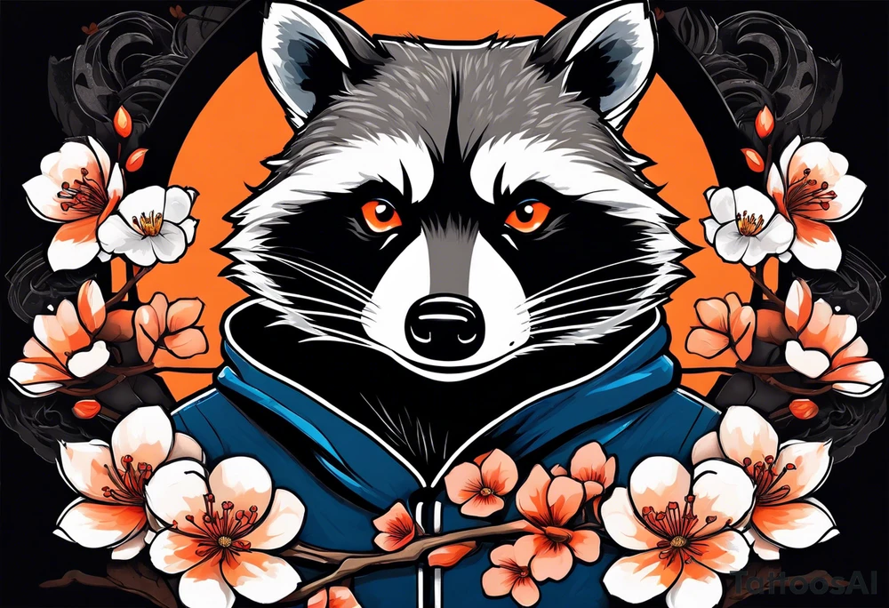 Raccoon wearing a white Superman logo on a black hoodie and orange Japanese cherry blossoms tattoo idea