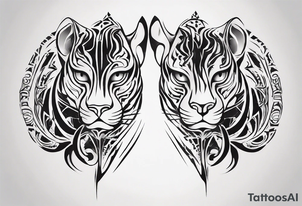 Generate a tattoo concept with two black pumas flanking a central element. Position the pumas side by side, facing outward, mirroring each other's stance. tattoo idea