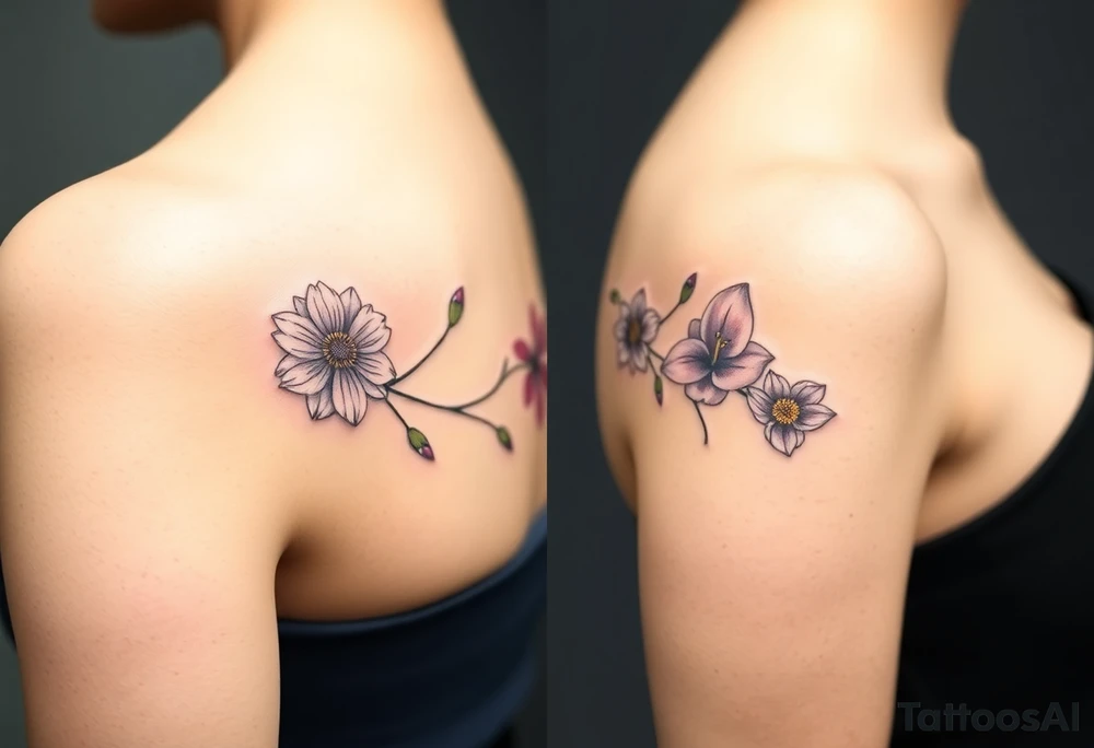 This tattoo is on a woman. It is a line of flowers connected by a single stem. It starts on her left side of the chest with a Glaiolus and Daisy together, then the tatoo rises over the left shoulder and down the arm and ends at the elbow. The tattoo will include a primroses, Calla Lilys, and Lillys. It will be light on color except in the petals and has light shading to make it pop. tattoo idea