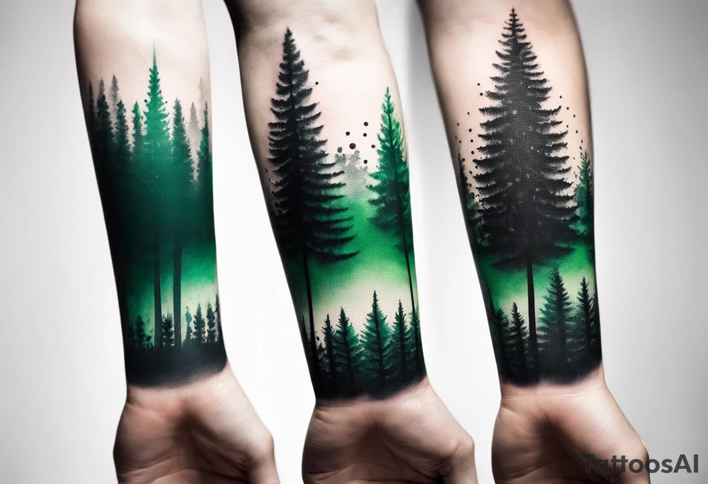 forest, green and black, covered from wrist to forearm, fully covered, no borders, blackwork tattoo idea