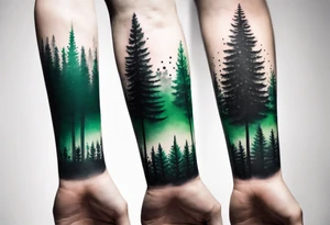 forest, green and black, covered from wrist to forearm, fully covered, no borders, blackwork tattoo idea