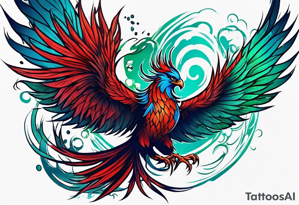Blue and red Phoenix rising from the green ashes tattoo idea