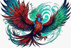 Blue and red Phoenix rising from the green ashes tattoo idea