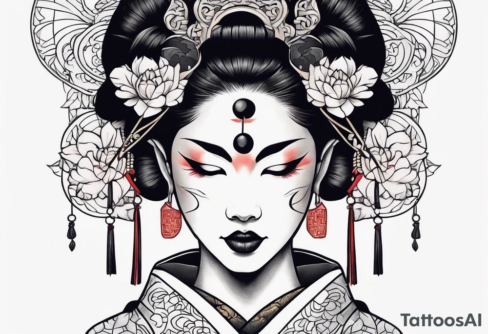 geisha wearing oni mask tattoo idea