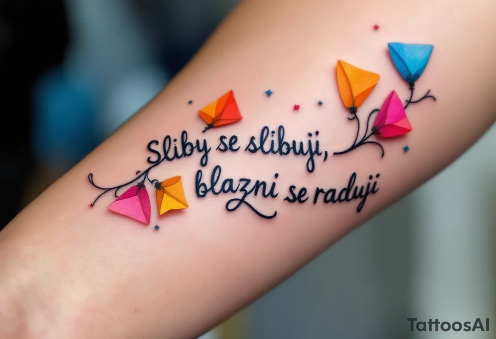 "Sliby se slibuji, blazni se raduji." — A string of colorful paper promises fluttering away in the wind, with the quote wrapped around in playful gray cursive. tattoo idea