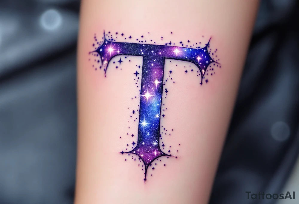 A galaxy-themed "T" in deep violet and midnight blue, speckled with white stars. tattoo idea