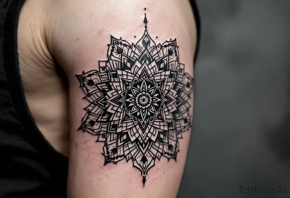 An intricate mandala with akarma symbol in the center tattoo idea