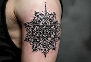 An intricate mandala with akarma symbol in the center tattoo idea