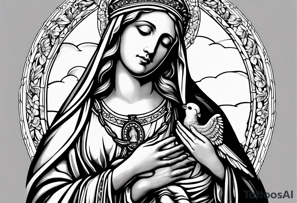 Blessed Virgin Mary holding crucified Jesus with the holy spirit dove above them and rosary beads tattoo idea