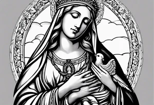 Blessed Virgin Mary holding crucified Jesus with the holy spirit dove above them and rosary beads tattoo idea
