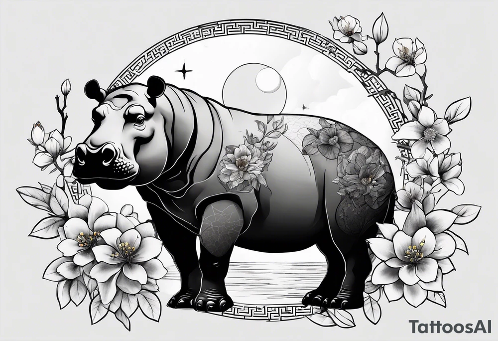 Asymmetrical, geometric, chinese ink art touch, hippo , full moon, wintersweet flower, light , modify from my favourite, free hand tattoo idea