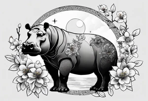 Asymmetrical, geometric, chinese ink art touch, hippo , full moon, wintersweet flower, light , modify from my favourite, free hand tattoo idea