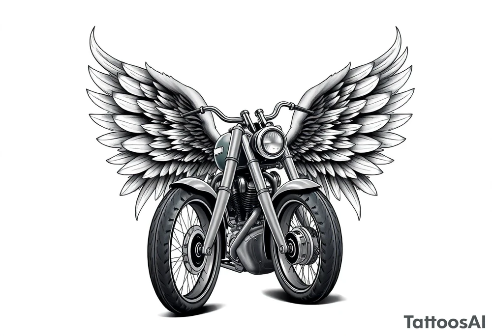 Low rider grey motorcycle, flames, angel wings tattoo idea