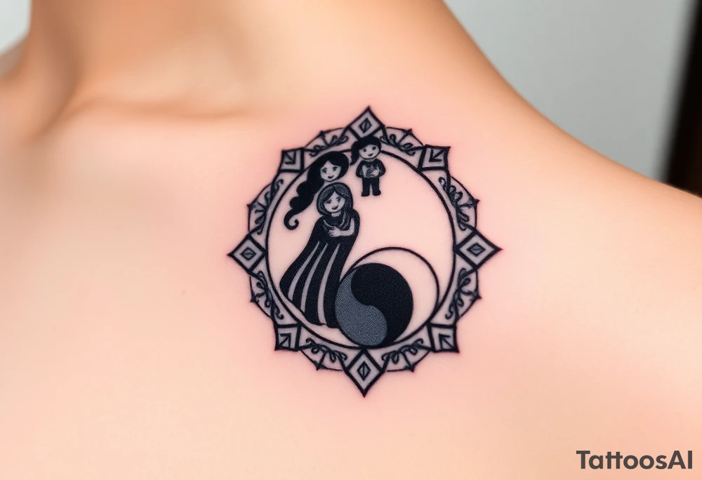 Magestic symbol of mom and dad with 3 kids surrounded by geometric patterns, Gemini sign, and ying yang tattoo idea