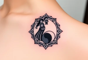 Magestic symbol of mom and dad with 3 kids surrounded by geometric patterns, Gemini sign, and ying yang tattoo idea