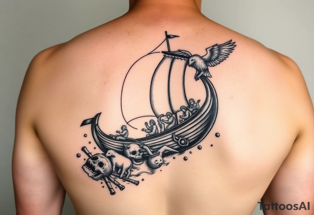 blend a viking sail boat, with the parabel of the fishermen in the sea with gods reaching down to save them, include jesus holding a lamb, include a valley of death and st michael the arch angel for a sleeve right arm man tattoo idea