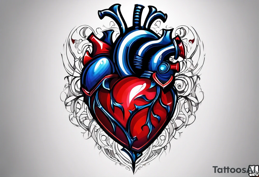 create a tattoo for men chest, the tattoo would be a big broken heart with red and blue colors, and around the heart, would be blue and red tribal shapes tattoo idea