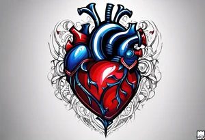 create a tattoo for men chest, the tattoo would be a big broken heart with red and blue colors, and around the heart, would be blue and red tribal shapes tattoo idea