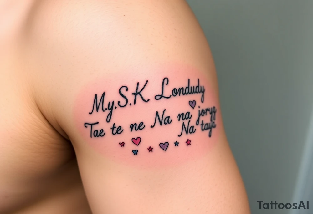 Cursive words that say, 

M.S.K

Chyna

Londyn

Gurly 

Tae tae 

Na jorya 

Na taya
 surrounded by little hearts & stars tattoo idea