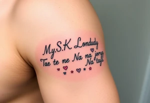 Cursive words that say, 

M.S.K

Chyna

Londyn

Gurly 

Tae tae 

Na jorya 

Na taya
 surrounded by little hearts & stars tattoo idea