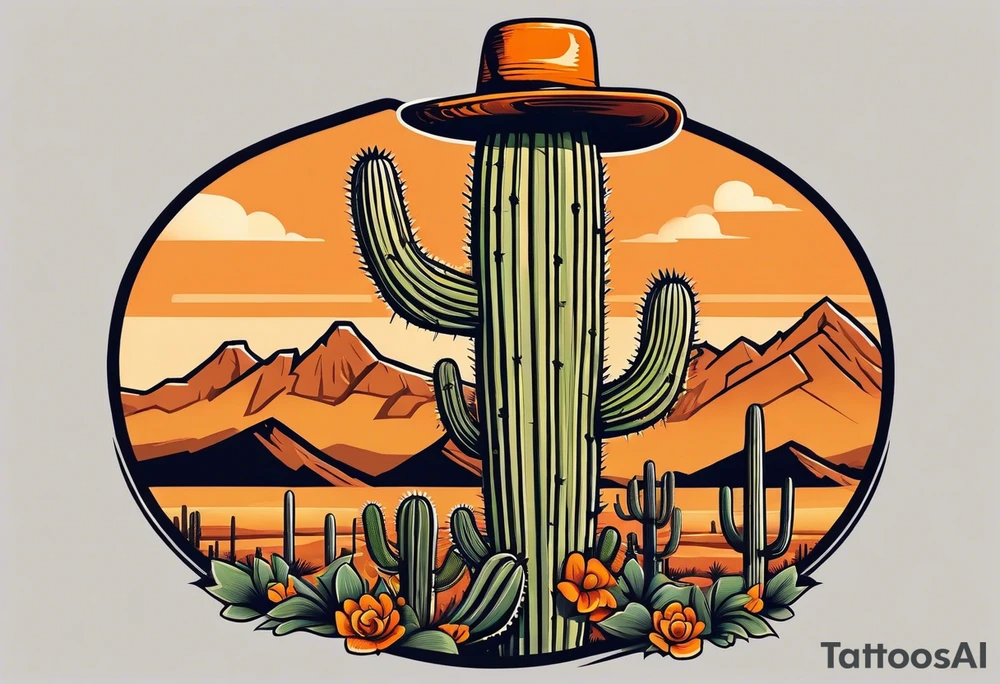 Saguaro cactus with two arms and a clever face, wearing an orange cowboy hat, wearing sunglasses, and a cigarette dangling from his mouth tattoo idea