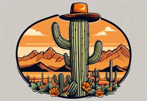 Saguaro cactus with two arms and a clever face, wearing an orange cowboy hat, wearing sunglasses, and a cigarette dangling from his mouth tattoo idea