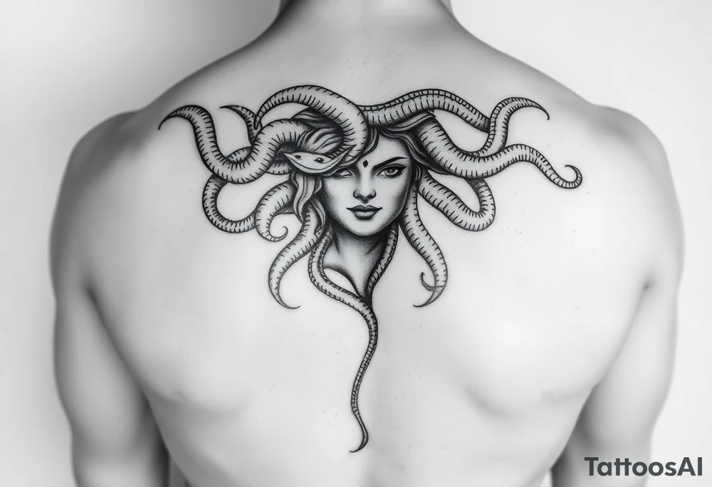 A Beautiful Medusa chest peice with her snake hair reaching my arms and shoulder. Black and white, realistic tattoo idea