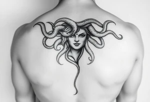 A Beautiful Medusa chest peice with her snake hair reaching my arms and shoulder. Black and white, realistic tattoo idea
