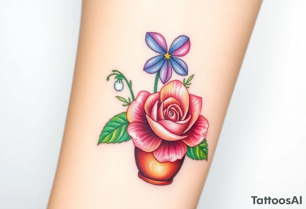 African violet, Daisy, Lily of the valley, Rose in a flower pot. Light color shading tattoo idea