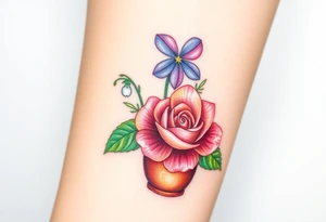 African violet, Daisy, Lily of the valley, Rose in a flower pot. Light color shading tattoo idea