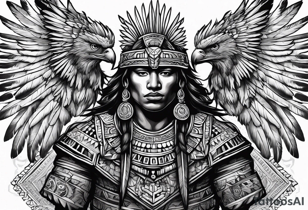 aztec warrior 
, with mexican roots and with eagle or exotic birds in the background with angel wings tattoo idea