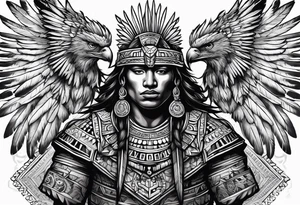 aztec warrior 
, with mexican roots and with eagle or exotic birds in the background with angel wings tattoo idea