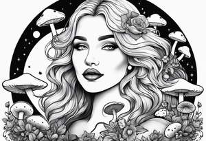 Chubby old blonde woman long hair thin lips surrounded by mushrooms crescent moon mountains background "GRACEFUL" tattoo idea