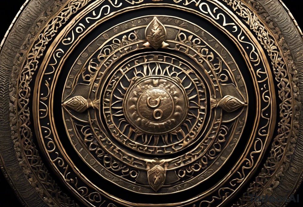 A shield with intricate patterns and engravings, adorned with coiled snakes and scorpions underneath. Rays of light emanate from the shield, signifying spiritual power.Contrast: Bold outlines for the shield and creatures, with detailed patterns.
Detail: Delicately depict the scales of snakes and the segmented bodies of scorpions. tattoo idea