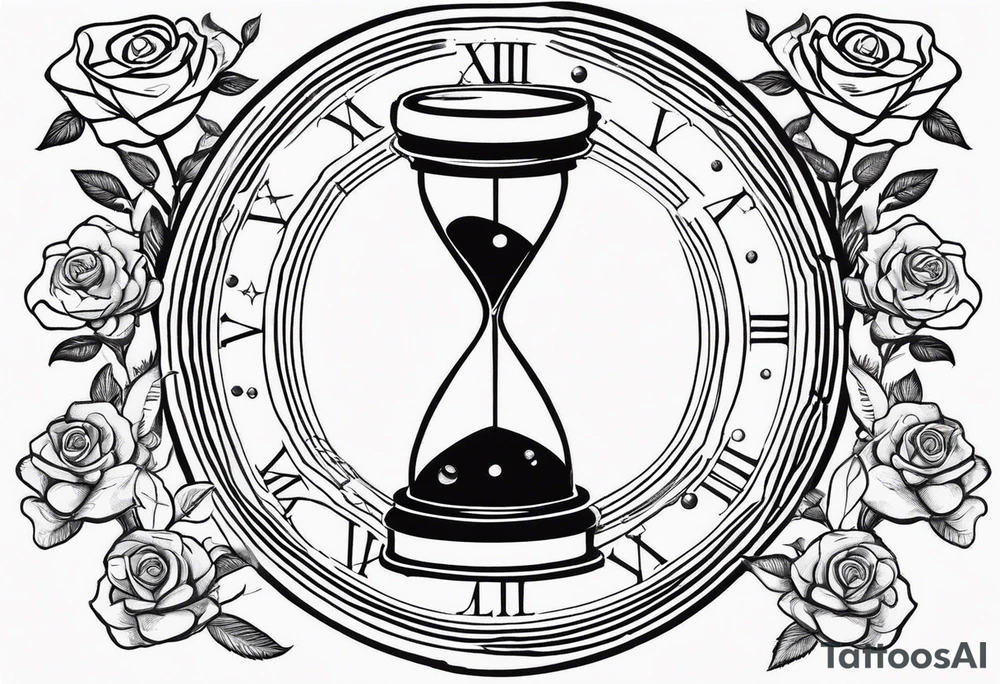 I want a design to print on t-shirts. The design is an hourglass with a wristwatch in the middle with Amazigh numbers, and this watch is surrounded by planets and Ashulk roses. tattoo idea